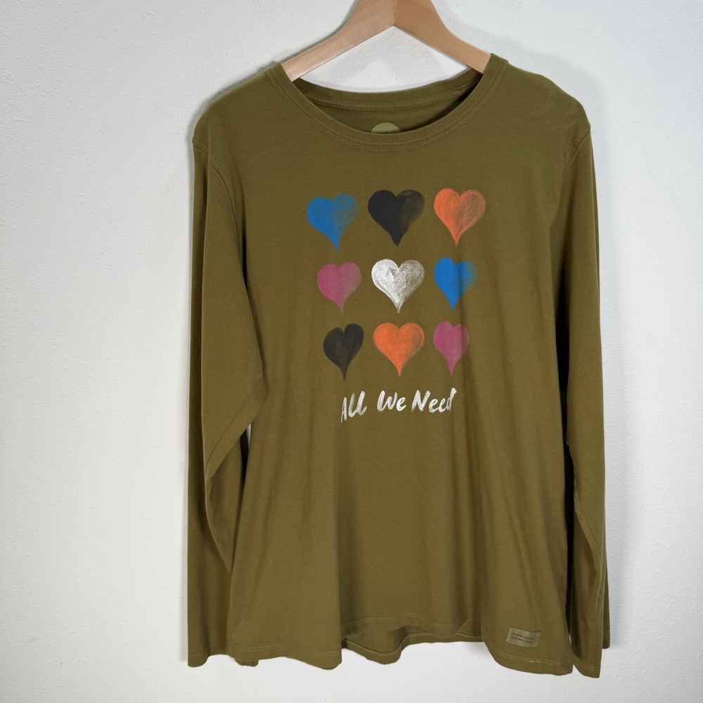 LIFE IS GOOD Tee Long Sleeve Womens Sz XL Olive Green Hearts Love is All We Need